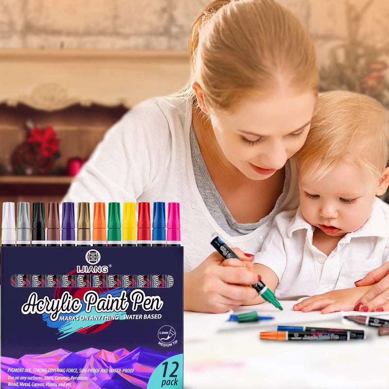 IJIANG Acrylic Paint Pens for Rock Painting Outdoor Waterproof Paint Markers Tire Pen, Water-Based Eco-Friendly Non-Toxic Anti - UV, Bright Long-Lasting Strong Coverage, 12 Colors - Image 3